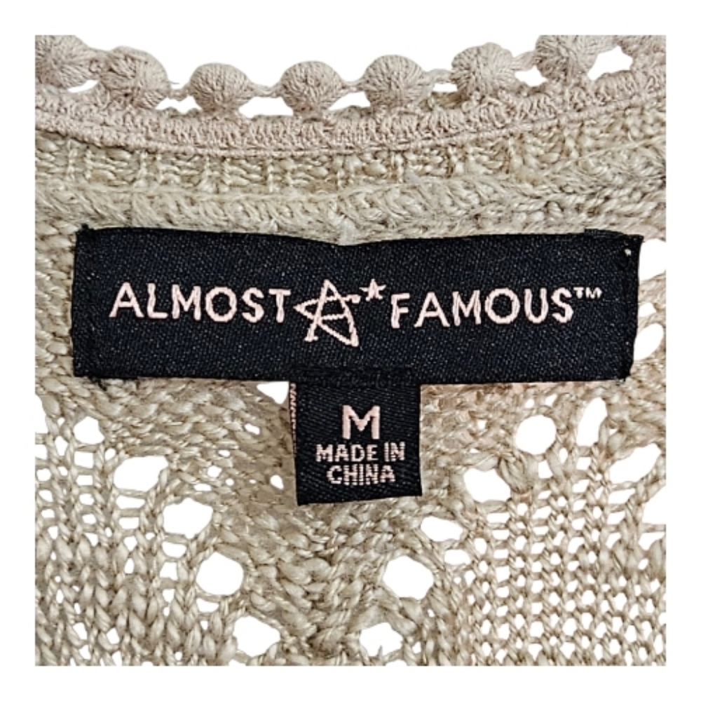Almost Famous Long Crochet Open Front Asymmetrical Hem Knit Cardigan Kimono Med - Picture 5 of 6